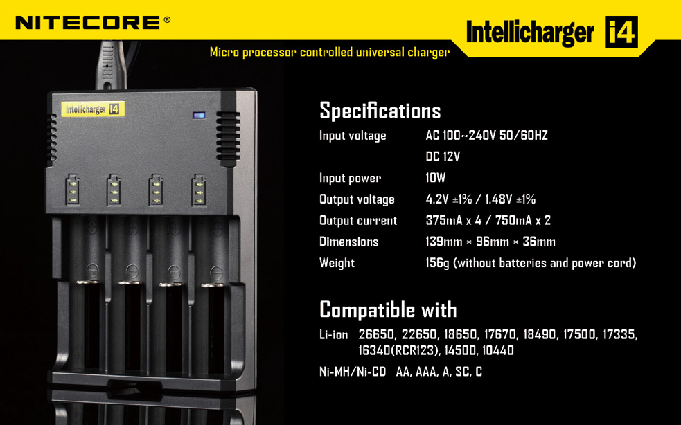 NITECORE NEW i4 inteligentní nabíječka 4x, Li-Ion, LiFePo4, Ni-MH, Ni-Cd